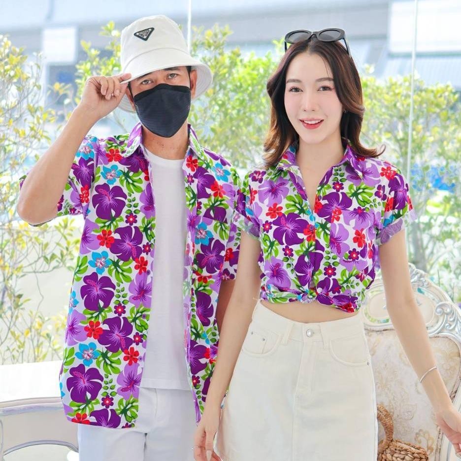PINK023เสื้อเชิ้ตลายดอก ผ้าคอตตอน100% สีไม่ตก ผ้าไม่หดทลายคมชัด มีไซส์หญิงชาย34-56นิ้ว งานป้ายKTIER**1ตัว