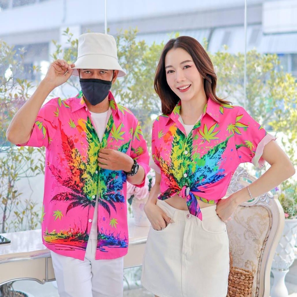 PINKเสื้อฮาวาย3134 สีสันสดใส S-8XL ลายคมชัด ทรงวัยรุ่น หญิงชายใส่ได้