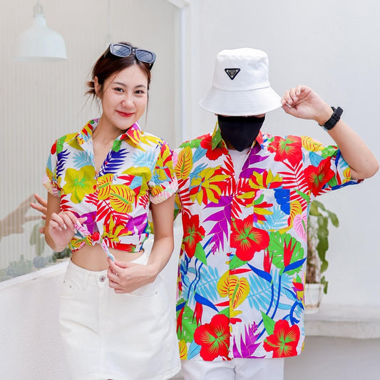 PINK033เสื้อเชิ้ตลายดอก ผ้าคอตตอน100% สีไม่ตก ผ้าไม่หด ลายคมชัด มีไซส์หญิงชาย งานป้ายKTIERออกแบบเอง*1ตัว*