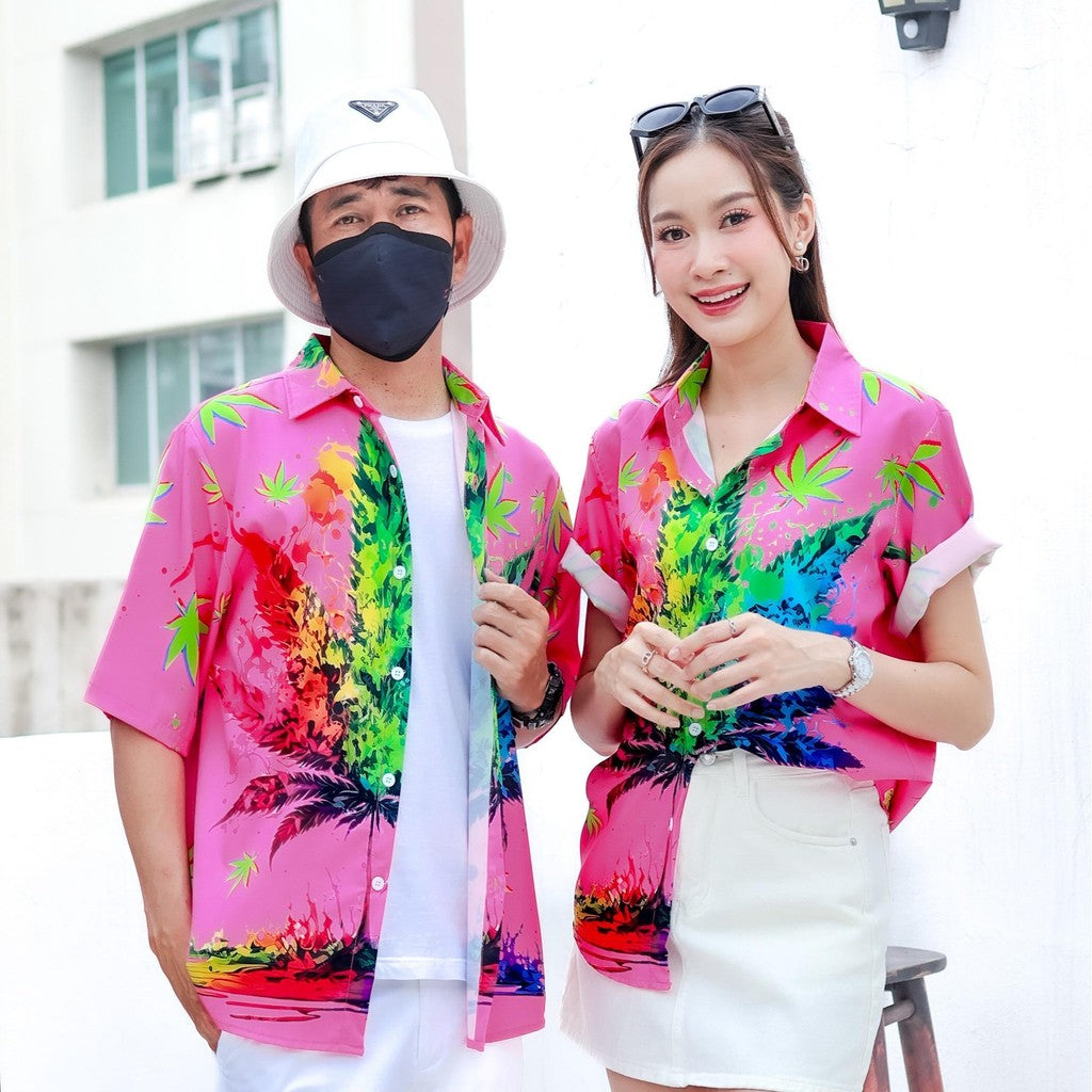 P3134เสื้อฮาวายลายใหม่2025 ทรงวัยรุ่น หญิงชายใส่ได้ ผ้าโพลีพรีเมี่ยม ไซส์38-56นิ้ว งานปัาย ลายคมชัด **1ตัว**