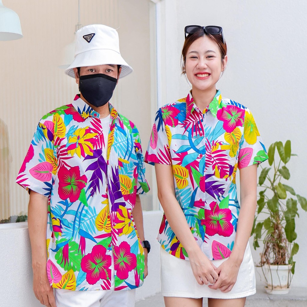 PINK033เสื้อเชิ้ตลายดอก ผ้าคอตตอน100% สีไม่ตก ผ้าไม่หด ลายคมชัด มีไซส์หญิงชาย งานป้ายKTIERออกแบบเอง*1ตัว*
