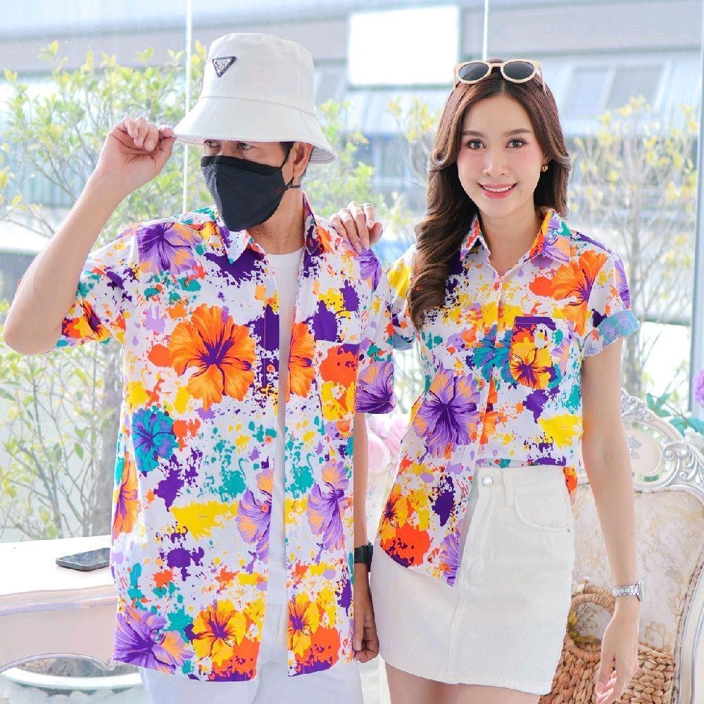 PINK038เสื้อเชิ้ตลายดอก ผ้าคอตตอน100% สีไม่ตก ผ้าไม่หด ลายคมชัด มีไซส์หญิงชาย งานป้ายKTIERออกแบบเอง*1ตัว*