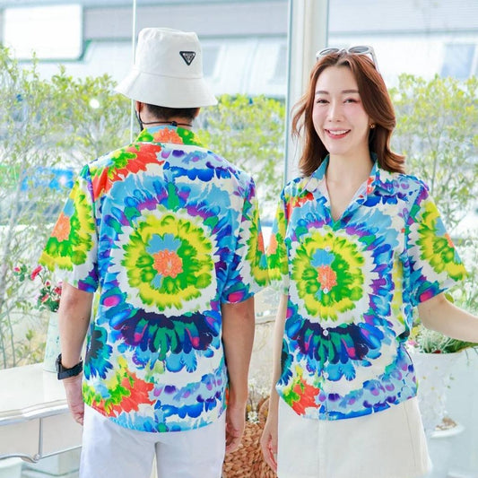 PINK3135เสื้อฮาวายลายมัดย้อม สีสันสดใส ไซส์S-8XL ผ้าโพลีพลีเมี่ยม ทรงวัยรุ่น หญิงชายใส่ได้ ลายคมชัด **1ตัว**