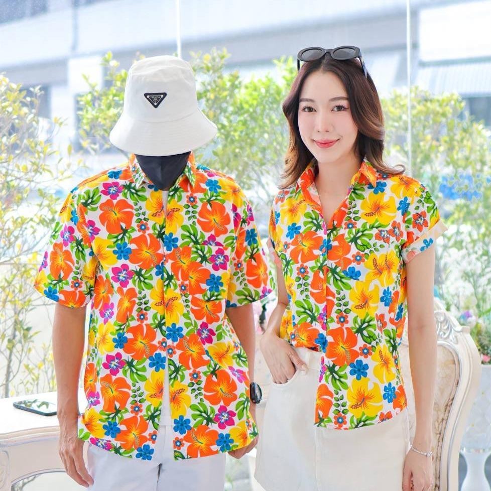 PINK023เสื้อเชิ้ตลายดอก ผ้าคอตตอน100% สีไม่ตก ผ้าไม่หดทลายคมชัด มีไซส์หญิงชาย34-56นิ้ว งานป้ายKTIER**1ตัว