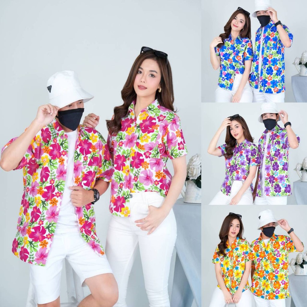 PINK023เสื้อเชิ้ตลายดอก ผ้าคอตตอน100% สีไม่ตก ผ้าไม่หดทลายคมชัด มีไซส์หญิงชาย34-56นิ้ว งานป้ายKTIER**1ตัว