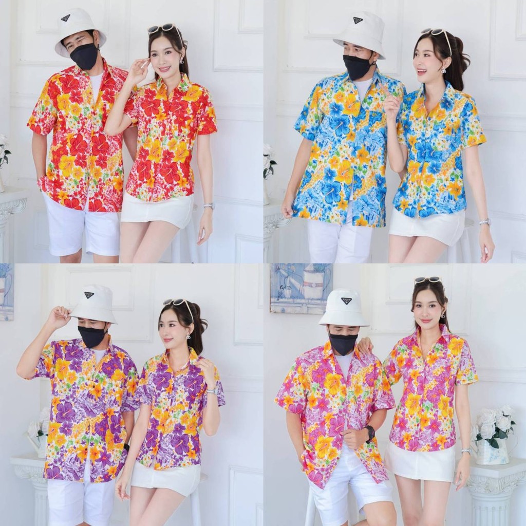 Pink019เสื้อเชิ้ตลายดอก ผ้าคอตตอน100% สีไม่ตก ผ้าไม่หดทลายคมชัด มีไซส์หญิงชาย34-56นิ้ว งานป้ายKTIER**1ตัว