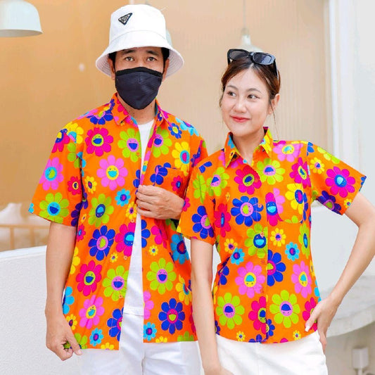 KING036เสื้อเชิ้ตลายยิ้ม ผ้าคอตตอน100% สีไม่ตก ผ้าไม่หด ลายคมชัด มีไซส์หญิงชาย งานป้ายKTIERออกแบบเอง*1ตัว*