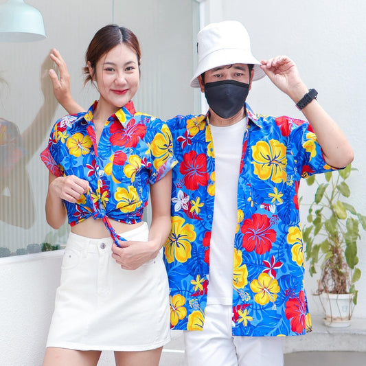 PINK029 เสื้อเชิ้ตลายดอก ผ้าคอตตอน100% สีไม่ตก ผ้าไม่หด ลายคมชัด มีไซส์หญิงชาย งานป้ายKTIERออกแบบเอง*1ตัว*