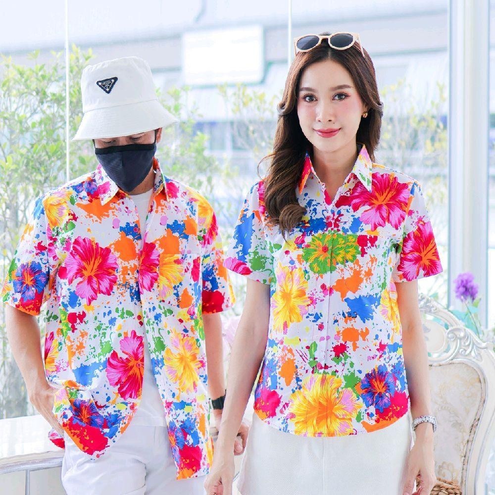 PINK038เสื้อเชิ้ตลายดอก ผ้าคอตตอน100% สีไม่ตก ผ้าไม่หด ลายคมชัด มีไซส์หญิงชาย งานป้ายKTIERออกแบบเอง*1ตัว*