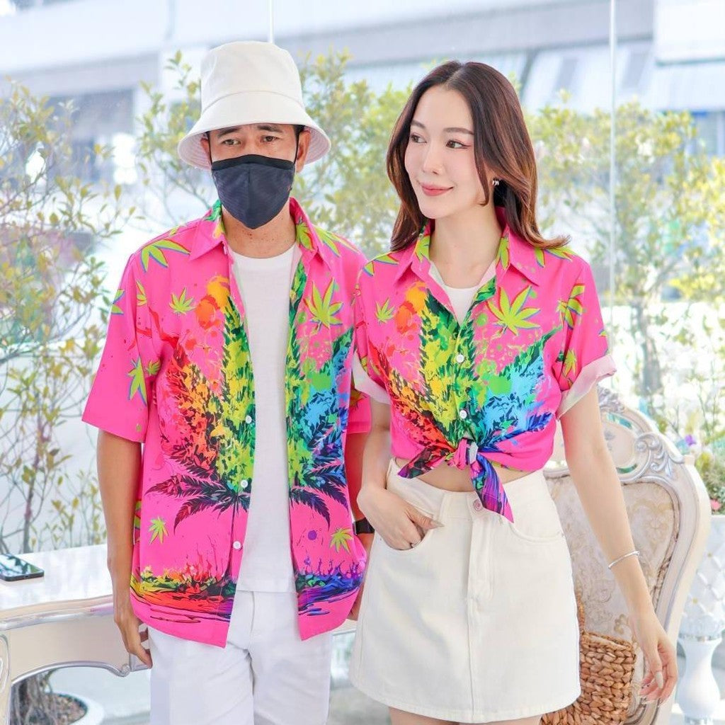 PINKเสื้อฮาวาย3134 สีสันสดใส S-8XL ลายคมชัด ทรงวัยรุ่น หญิงชายใส่ได้