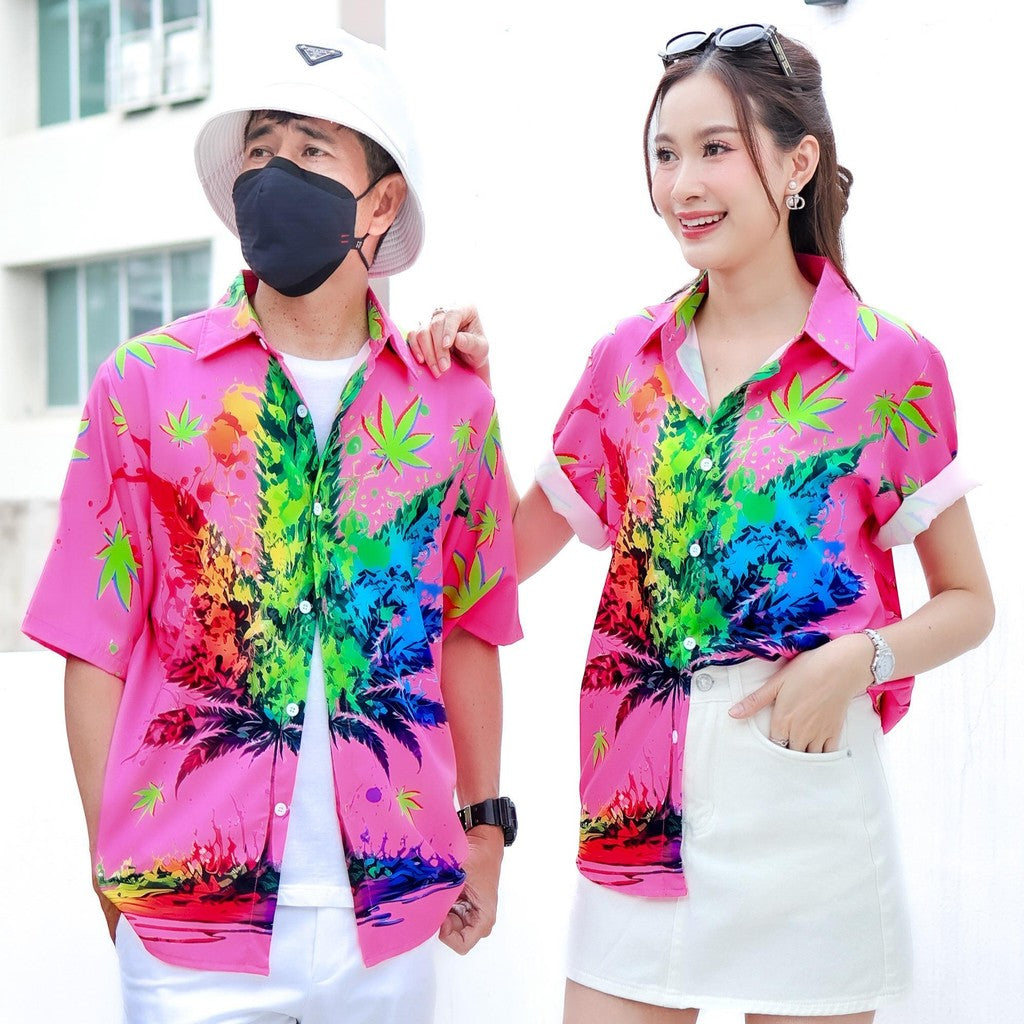 P3134เสื้อฮาวายลายใหม่2025 ทรงวัยรุ่น หญิงชายใส่ได้ ผ้าโพลีพรีเมี่ยม ไซส์38-56นิ้ว งานปัาย ลายคมชัด **1ตัว**