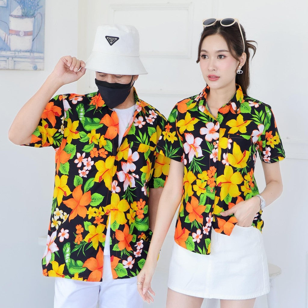 Pink022เสื้อเชิ้ตลายดอก ผ้าคอตตอน100% สีไม่ตก ผ้าไม่หดทลายคมชัด มีไซส์หญิงชาย34-56นิ้ว งานป้ายKTIER**1ตัว
