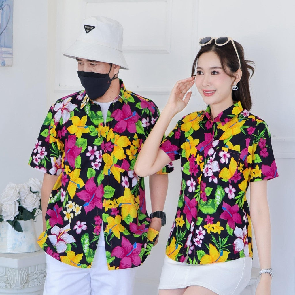 Pink022เสื้อเชิ้ตลายดอก ผ้าคอตตอน100% สีไม่ตก ผ้าไม่หดทลายคมชัด มีไซส์หญิงชาย34-56นิ้ว งานป้ายKTIER**1ตัว