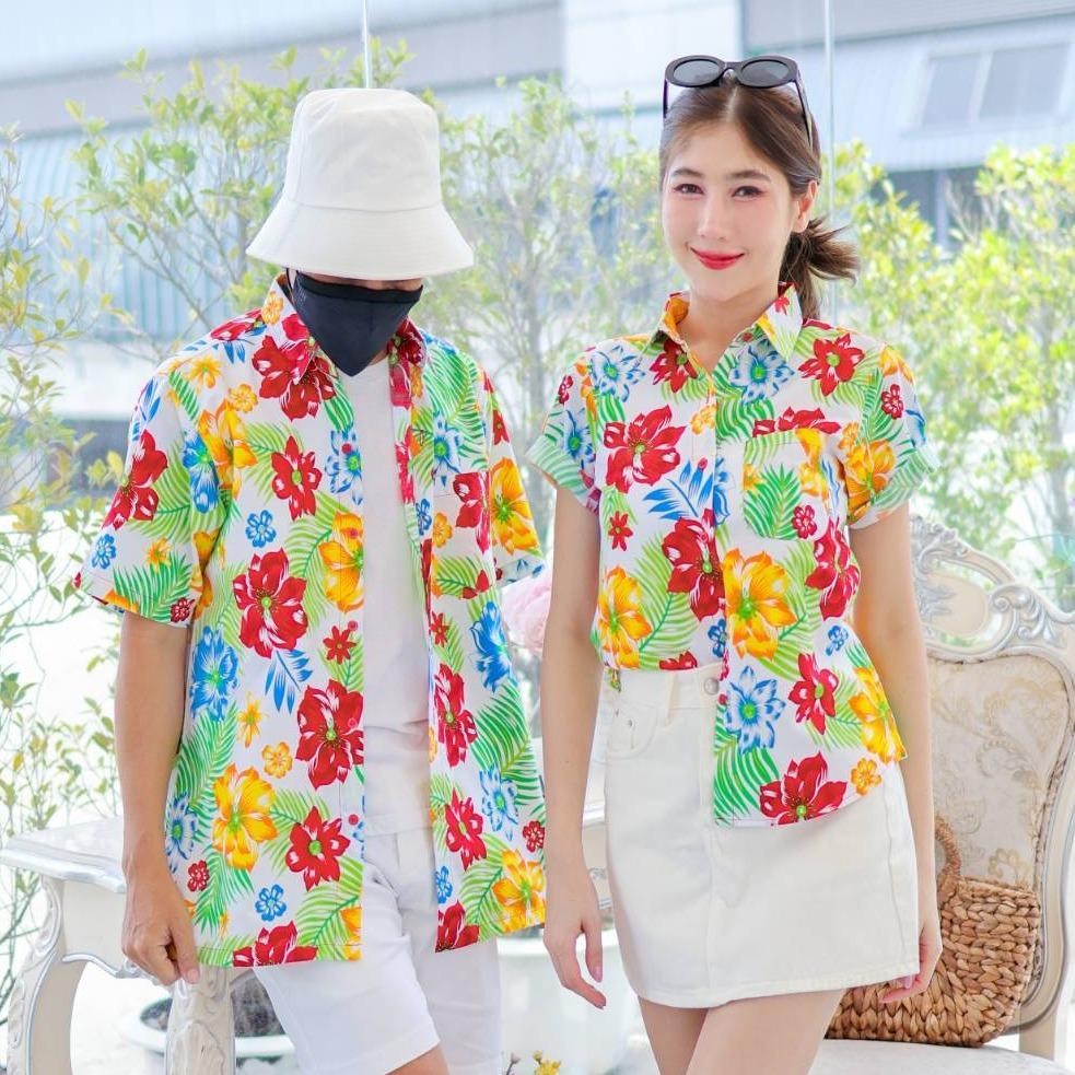 PINK017 เสื้อเชิ้ตลายดอก ผ้าคอตตอน100% สีไม่ตก ผ้าไม่หด ลายคมชัด มีไซส์หญิงชาย S-5XL งาน ป้ายKTIER*1ตัว*