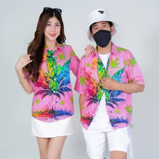 PINK3134 เสื้อฮาวายลายใหม่2025 ทรงวัยรุ่น หญิงชายใส่ได้ ผ้าโพลีพรีเมี่ยม ไซส์S-8XL งานปัาย ลายคมชัด **1ตัว**