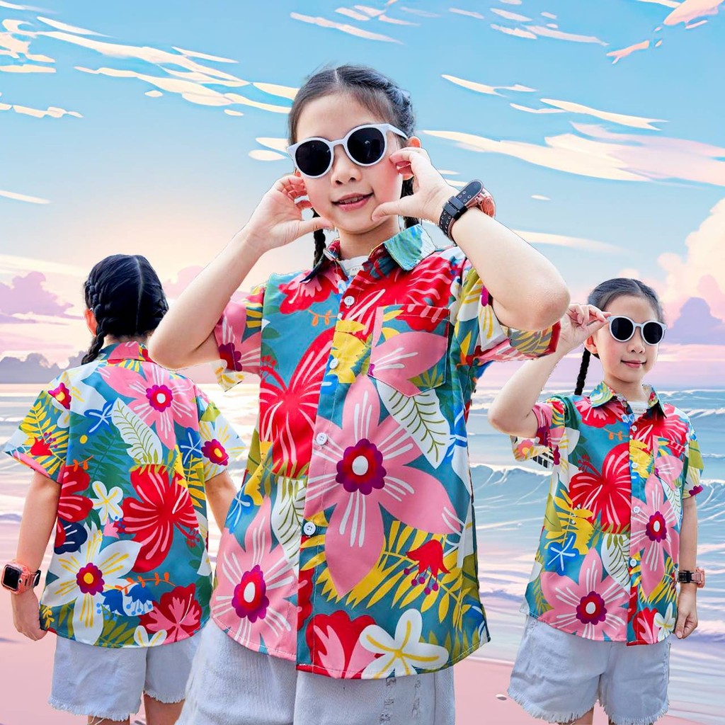 PINKรวมเสื้อฮาวายเด็ก หญิงชายใส่ได้ ผ้าโพลีพรีเมี่ยม ลายคมชัด ผ้าพริ้วใส่สบาย