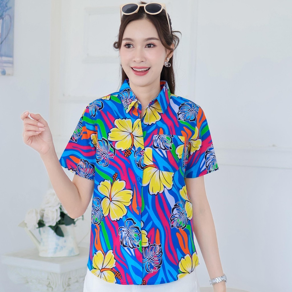PINK031เสื้อเชิ้ตลายดอก ผ้าคอตตอน100% สีไม่ตก ผ้าไม่หดทลายคมชัด มีไซส์หญิงชาย34-56นิ้ว งานป้ายKTIER**1ตัว