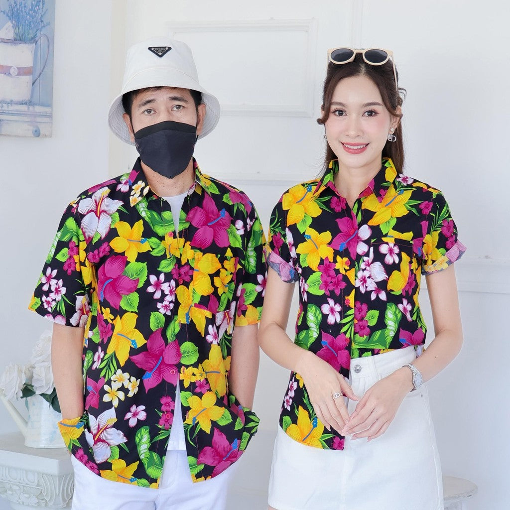 Pink022เสื้อเชิ้ตลายดอก ผ้าคอตตอน100% สีไม่ตก ผ้าไม่หดทลายคมชัด มีไซส์หญิงชาย34-56นิ้ว งานป้ายKTIER**1ตัว