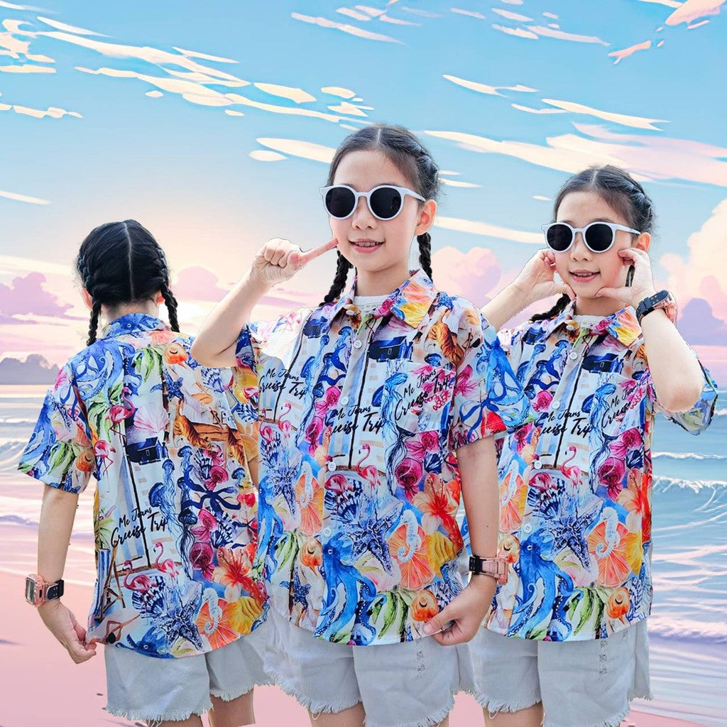 PINKรวมเสื้อฮาวายเด็ก หญิงชายใส่ได้ ผ้าโพลีพรีเมี่ยม ลายคมชัด ผ้าพริ้วใส่สบาย