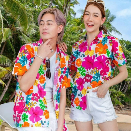 Pinkเสื้อฮาวายลายดอก สีสันสดใส ผ้าโพลีพรีเมี่ยม ไซส์S-8XL 3121