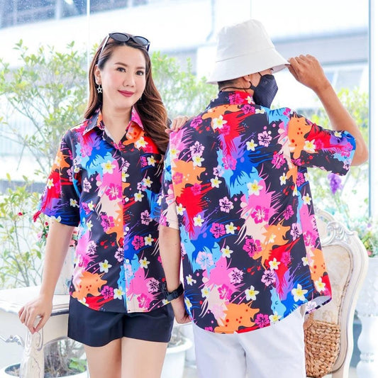 PINK3140 เสื้อทีมฮาวายลายใหม่2025 สาดสีสงกรานต์ลายดอก ทรงวัยรุ่น หญิงชายใส่ได้ ผ้าโพลีพรีเมี่ยม งานปัาย ลายคมชัด *1ตัว*