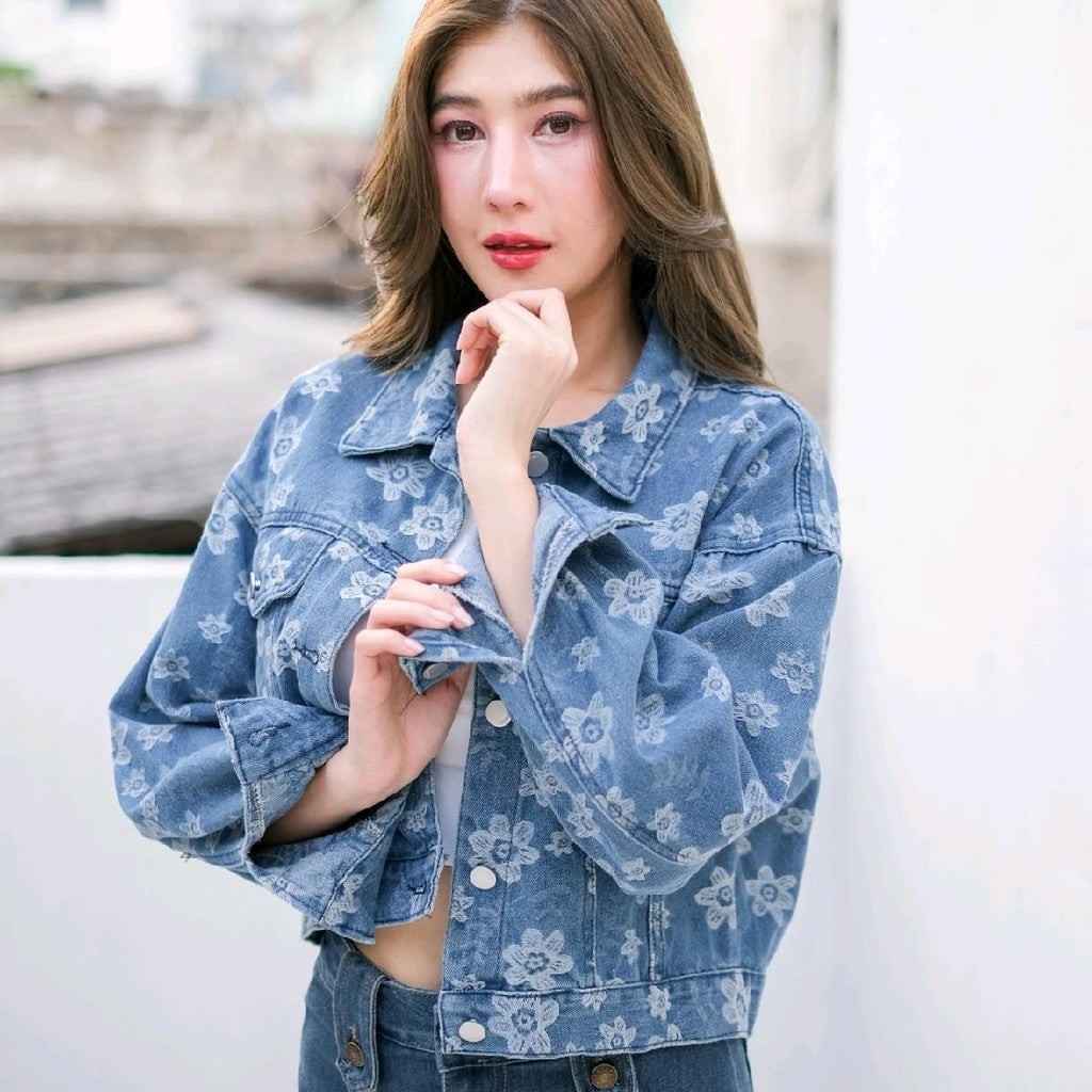 pingแจ็คเก็ตยีนส์แขนยาว ผ้ายีนส์ทอลายดอก รุ่น111
