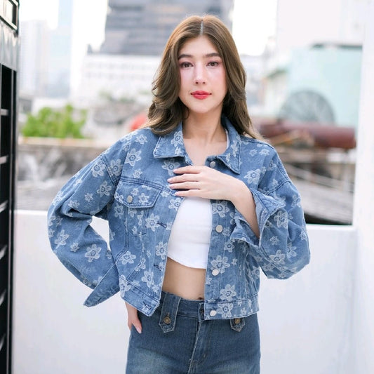 pingแจ็คเก็ตยีนส์แขนยาว ผ้ายีนส์ทอลายดอก รุ่น111