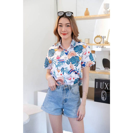 เสื้อเชิ้ตลายดอกทรงวัยรุ่นเสื้อฮาวายลายใหม่2023 หญิงชายใส่ได้ ผ้าดีใส่สบาย