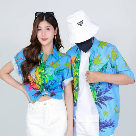 P3134เสื้อฮาวายลายใหม่2025 ทรงวัยรุ่น หญิงชายใส่ได้ ผ้าโพลีพรีเมี่ยม ไซส์38-56นิ้ว งานปัาย ลายคมชัด **1ตัว**
