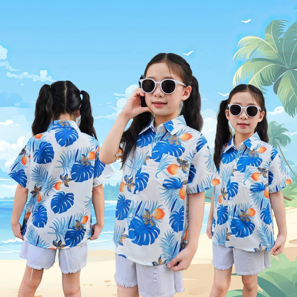 Newเสื้อฮาวายเด็ก2025 Songkran เด็กหญิงเด็กชายใส่ได้ผ้าโพลีพรีเมี่ยม ลายคมชัด งานป้ายKTIER