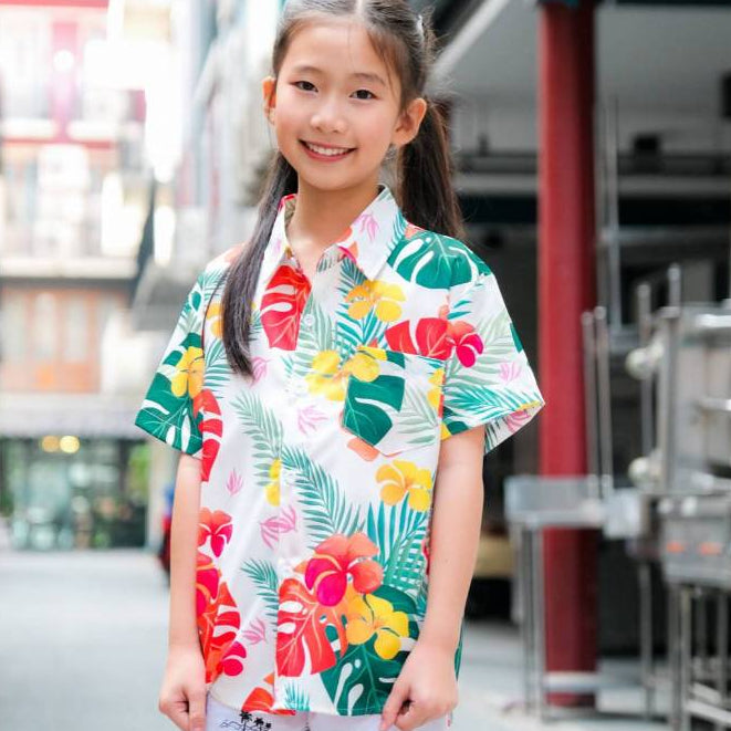 PINKเสื้อฮาวายลายดอก ทรงวัยรุ่น หญิงชายใส่ได้ ผ้าโพลีพรีเมี่ยม ไซส์38-56นิ้ว งานปัาย ลายคมชัด รุ่น3126 **1ตัว**