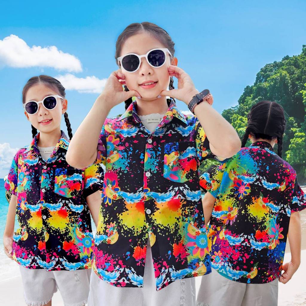 Newเสื้อฮาวายเด็ก2025 Songkran เด็กหญิงเด็กชายใส่ได้ผ้าโพลีพรีเมี่ยม ลายคมชัด งานป้ายKTIER