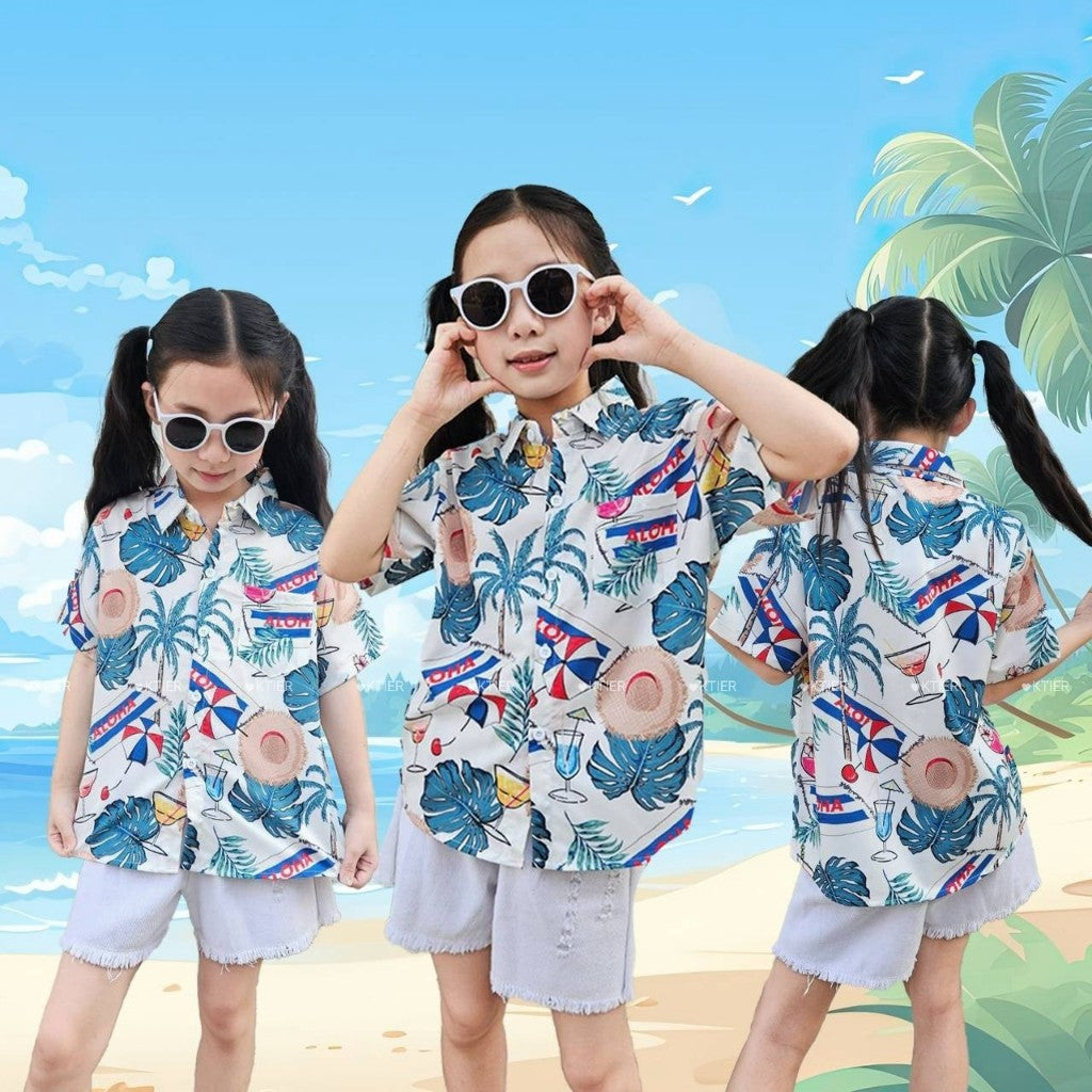 Newเสื้อฮาวายเด็ก2025 Songkran เด็กหญิงเด็กชายใส่ได้ผ้าโพลีพรีเมี่ยม ลายคมชัด งานป้ายKTIER