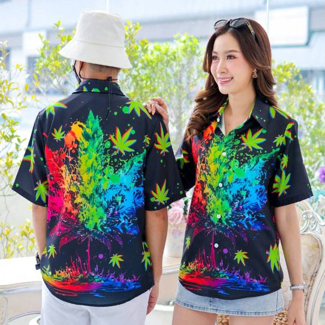 P3134เสื้อฮาวายลายใหม่2025 ทรงวัยรุ่น หญิงชายใส่ได้ ผ้าโพลีพรีเมี่ยม ไซส์38-56นิ้ว งานปัาย ลายคมชัด **1ตัว**