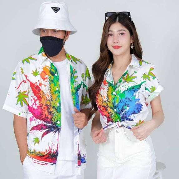 P3134เสื้อฮาวายลายใหม่2025 ทรงวัยรุ่น หญิงชายใส่ได้ ผ้าโพลีพรีเมี่ยม ไซส์38-56นิ้ว งานปัาย ลายคมชัด **1ตัว**