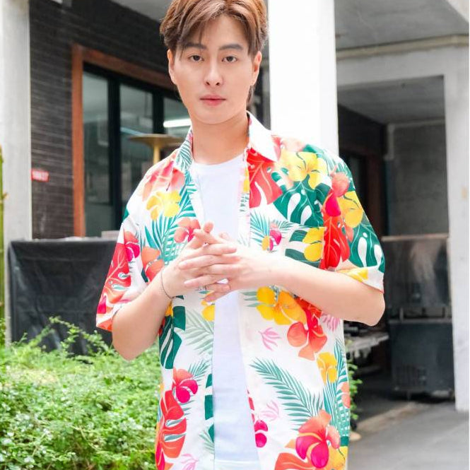 PINKเสื้อฮาวายลายดอก ทรงวัยรุ่น หญิงชายใส่ได้ ผ้าโพลีพรีเมี่ยม ไซส์38-56นิ้ว งานปัาย ลายคมชัด รุ่น3126 **1ตัว**