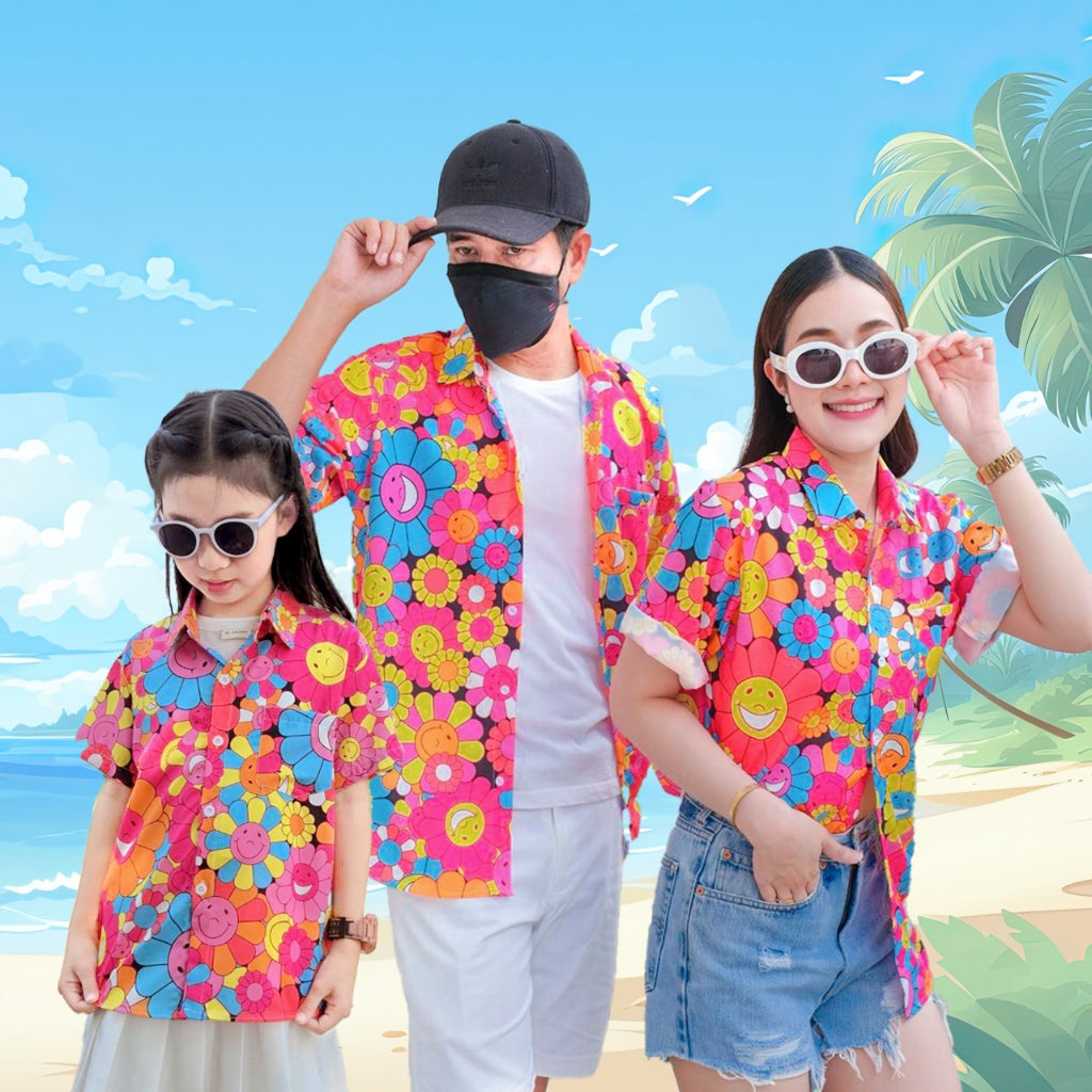 P3136 เสื้อฮาวายลายใหม่2025 ลายยิ้ม ทรงวัยรุ่น หญิงชายใส่ได้ ผ้าโพลีพรีเมี่ยม ไซส์เด็ก-ผู้ใหญ่ งานปัาย ลายคมชัด 1ตัว*