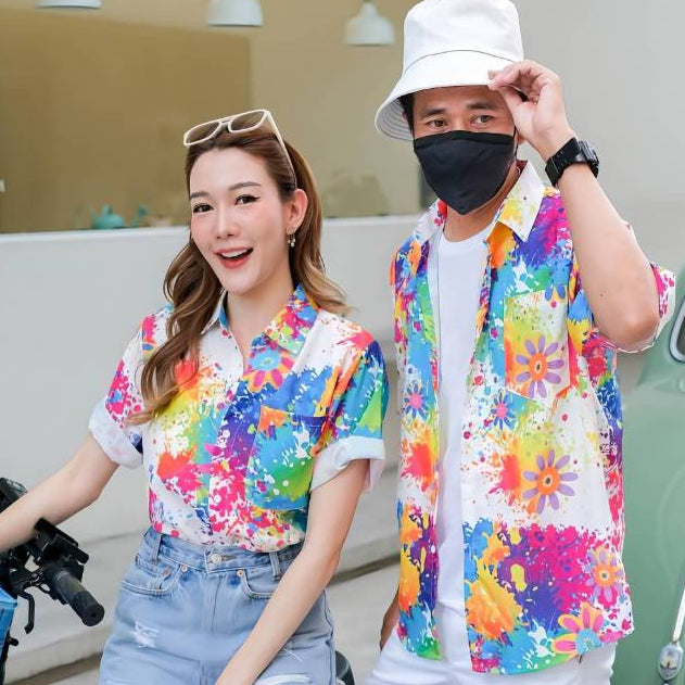 P021เสื้อฮาวายลายใหม่2025 สาดสีลายดอก ทรงวัยรุ่น หญิงชายใส่ได้ ผ้าโพลีพรีเมี่ยม ไซส์38-56นิ้ว งานปัายKTIERออกแบบเอง*1ตัว
