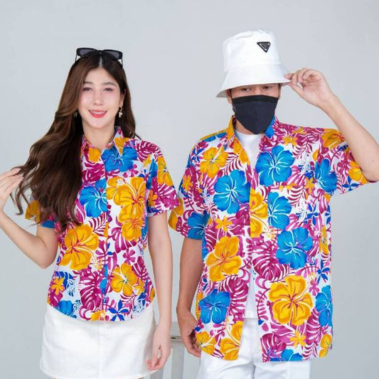 030เสื้อสงกรานต์ลายดอก ผ้าคอตตอน100% สีไม่ตก ผ้าไม่หด