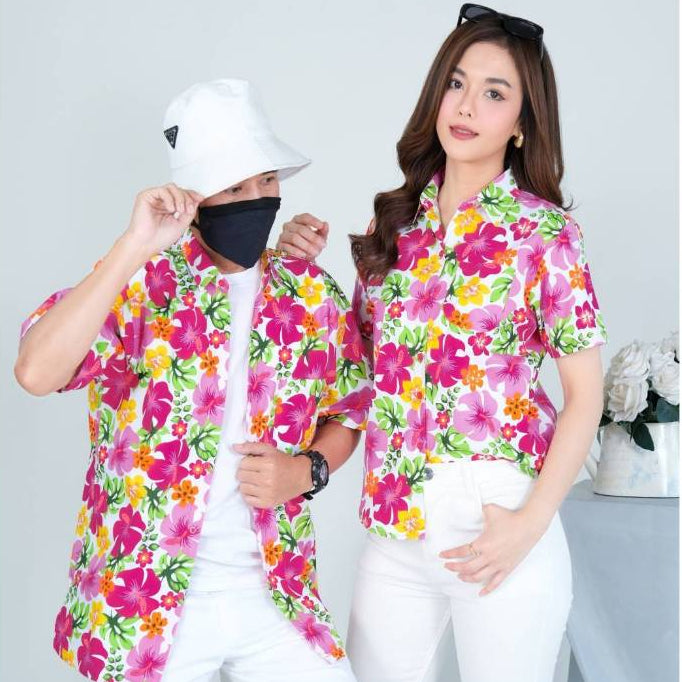 Pink02 เสื้อเชิ้ตลายดอก ผ้าคอตตอน100% สีไม่ตก ผ้าไม่หด มีไซส์หญิงชาย S-6XL งานป้ายKTIERออกแบบเอง*1ตัว*