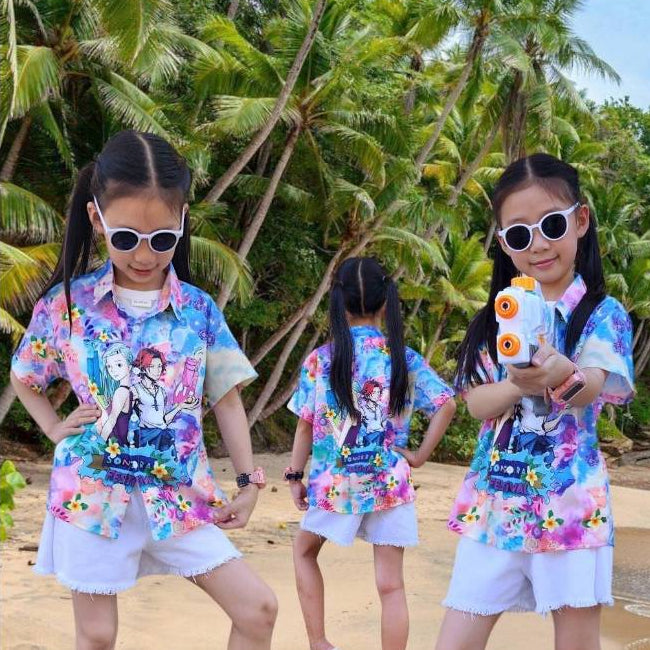 Newเสื้อฮาวายเด็ก2025 Songkran เด็กหญิงเด็กชายใส่ได้ผ้าโพลีพรีเมี่ยม ลายคมชัด งานป้ายKTIER