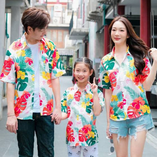 PINKเสื้อฮาวายลายดอก ทรงวัยรุ่น หญิงชายใส่ได้ ผ้าโพลีพรีเมี่ยม ไซส์38-56นิ้ว งานปัาย ลายคมชัด รุ่น3126 **1ตัว**