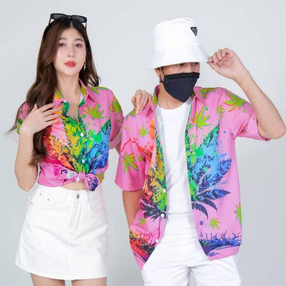 P3134เสื้อฮาวายลายใหม่2025 ทรงวัยรุ่น หญิงชายใส่ได้ ผ้าโพลีพรีเมี่ยม ไซส์38-56นิ้ว งานปัาย ลายคมชัด **1ตัว**