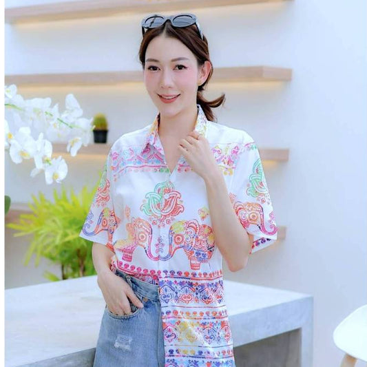 HD025เสื้อฮาวายลายใหม่2025 คลาสสิคThailandทรงวัยรุ่น หญิงชายใส่ได้ ผ้าโพลีพรีเมี่ยมไซส์38-56นิ้ว งานปัาย ลายคมชัด *1ตัว