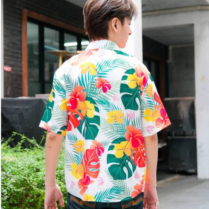 PINKเสื้อฮาวายลายดอก ทรงวัยรุ่น หญิงชายใส่ได้ ผ้าโพลีพรีเมี่ยม ไซส์38-56นิ้ว งานปัาย ลายคมชัด รุ่น3126 **1ตัว**