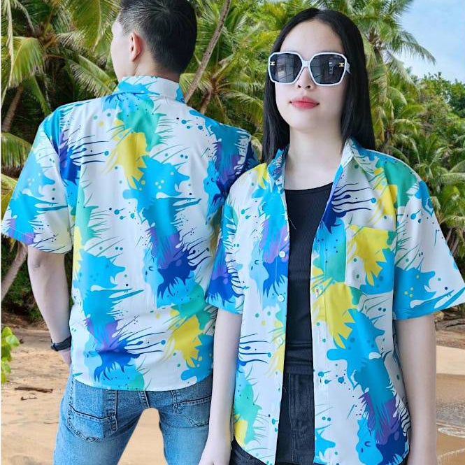 P021เสื้อฮาวายลายใหม่2025 สาดสีลายดอก ทรงวัยรุ่น หญิงชายใส่ได้ ผ้าโพลีพรีเมี่ยม ไซส์38-56นิ้ว งานปัายKTIERออกแบบเอง*1ตัว