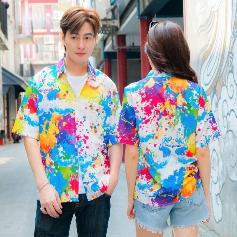 Pink3122เสื้อฮาวายลายใหม่2025 สาดสีSongkran ทรงวัยรุ่น หญิงชายใส่ได้ ผ้าโพลีพรีเมี่ยมไซส์38-56นิ้ว งานปัาย ลายคมชัด*1ตัว
