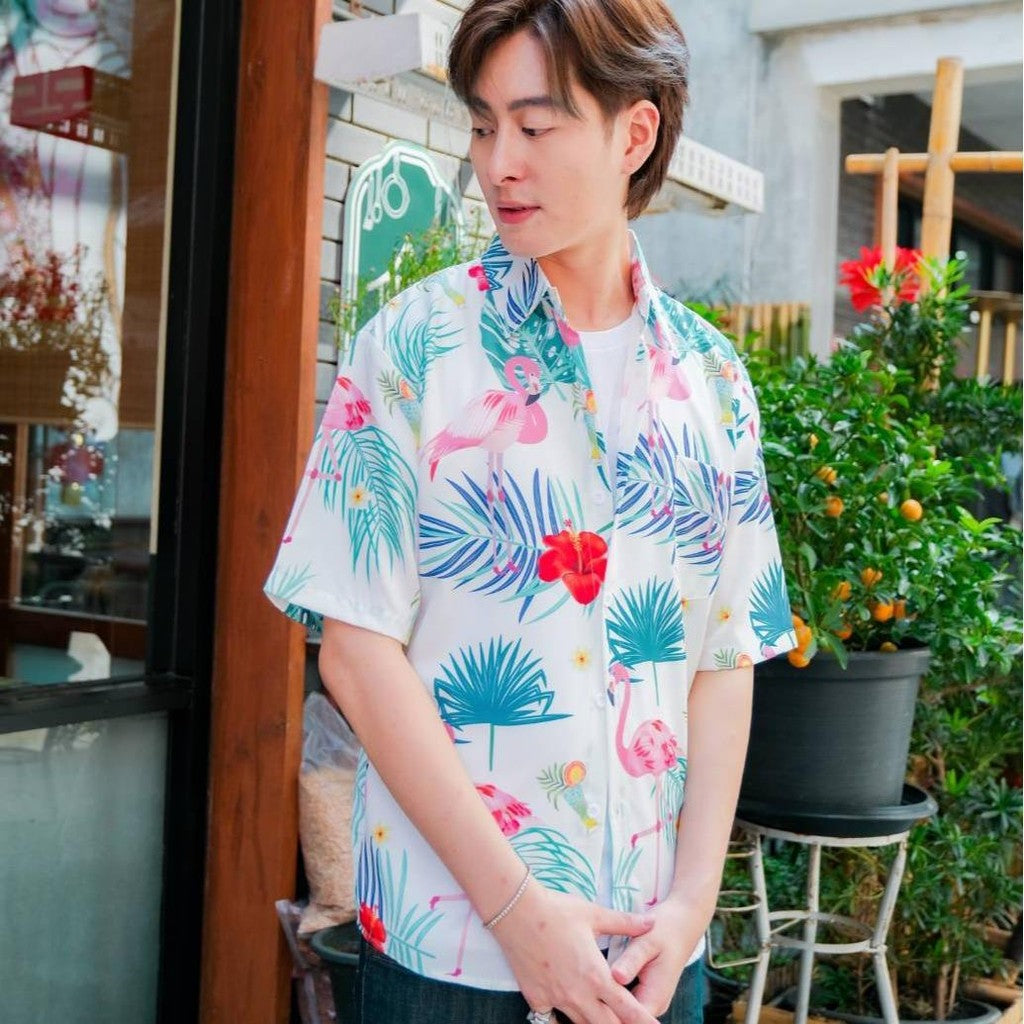 PINK3132 เสื้อฮาวายลายใหม่2025 ทรงวัยรุ่น หญิงชายใส่ได้ ผ้าโพลีพรีเมี่ยม ไซส์38-56นิ้ว งานปัายKTIERออกแบบเอง**1ตัว*