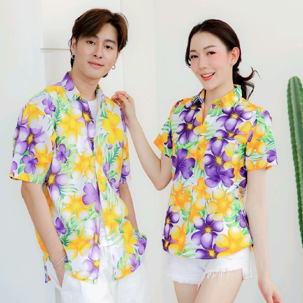 P07เสื้อเชิ้ตลายดอก ผ้าคอตตอน100% สีไม่ตก ผ้าไม่หด มีไซส์หญิงชาย งานป้ายKTIERออกแบบเอง*1ตัว*