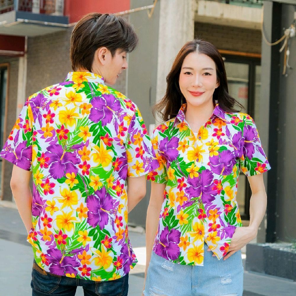 Pink08 เสื้อเชิ้ตลายดอก ผ้าคอตตอน100% สีไม่ตก ผ้าไม่หด ลายคมชัด มีไซส์หญิงชาย งานป้ายKTIERออกแบบเอง*1ตัว*